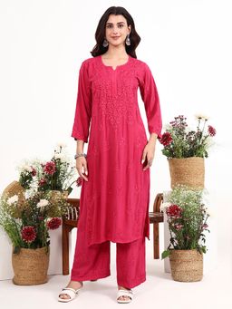 The Chikan Label - Qirat Pink Rayon Chikankari Kurti with Palazzo
