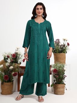 The Chikan Label - Qirat Green Rayon Chikankari Kurti with Palazzo