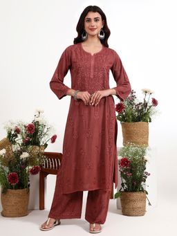 The Chikan Label - Qirat Brown Rayon Chikankari Kurti with Palazzo