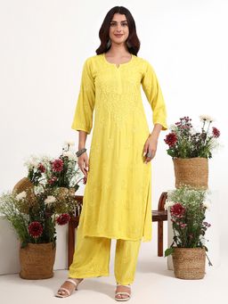 The Chikan Label - Qirat Yellow Rayon Chikankari Kurti with Palazzo