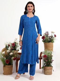 The Chikan Label - Qirat Blue Rayon Chikankari Kurti with Palazzo