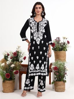 The Chikan Label - Tisya Black Rayon Chikankari Kurti with Palazzo