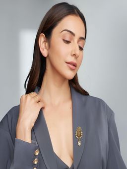 Accessher - Gold-Tone Kalash-Style Kundan and Pearl Brooch