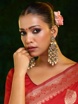 Ruby Raang Studio - Green and White Kundan Attached Ear Chain Drop Earrings