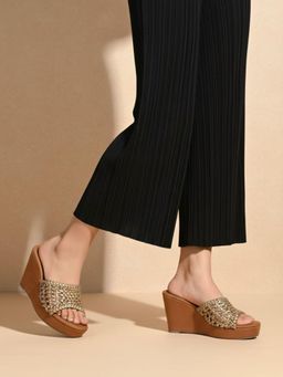 Inc.5 - Women's Gold Party Wear Solid Round Toe Wedge Heels