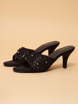 ERIDANI - Women Eyana Black Floral Laser Cut Open Toe Stiletto Heels