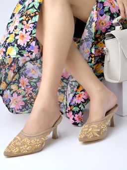 Shoetopia - Tan Embellished Mesh Pointed-Toe Mules Heels