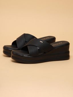 ERIDANI - Women Jovie Black Cross Strap Wedge Heels