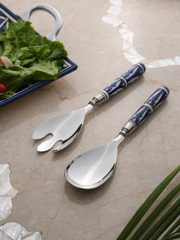 Revive Home - Hand Painted Blue & White Salad Servers Set of 2- Geometric Design