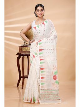 DipDiya - Women Pilu White Blended Cotton Traditional Bengali Saree without Blouse