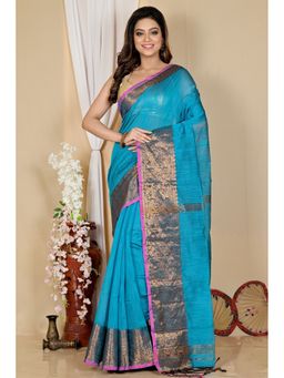 DipDiya - Women Asta Blue Cotton Silk Bengali Handloom Saree without Blouse