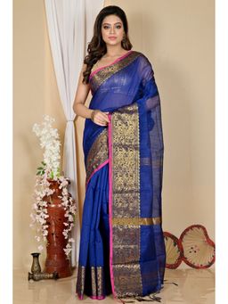 DipDiya - Women Asta Navy Blue Cotton Silk Bengali Handloom Saree without Blouse