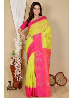 DipDiya - Women Kakin Green Cotton Silk Bengali Handloom Saree with Unstitched Blouse