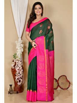 DipDiya - Women Kakin Dark Green Cotton Silk Bengali Saree with Unstitched Blouse