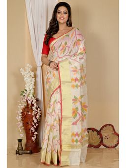 DipDiya - Women Narento Off White Blended Cotton Bengali Saree with Unstitched Blouse