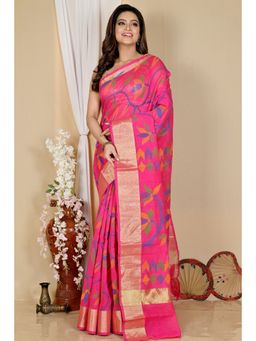 DipDiya - Women Narento Pink Blended Cotton Bengali Saree with Unstitched Blouse