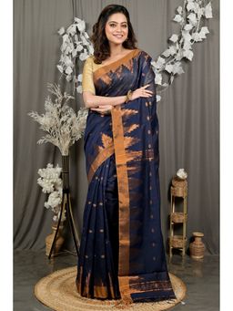 DipDiya - Women Daypi Navy Blue Cotton Blend Bengali Handloom Saree without Blouse