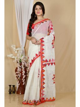 DipDiya - Women Aplika White Red Blended Cotton Bengali Applique Saree without Blouse