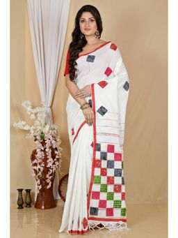 DipDiya - Women Aplika Tanu White Pure Cotton Bengali Applique Saree without Blouse