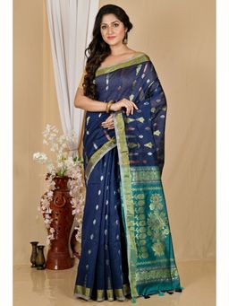 DipDiya - Women Samo Navy Blue Blended Cotton Bengali Saree with Unstitched Blouse