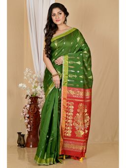 DipDiya - Women Samo Dark Green Blended Cotton Bengali Saree with Unstitched Blouse