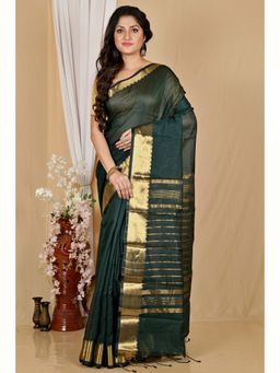 DipDiya - Women Sikra Dark Green Cotton Silk Bengali Saree with Unstitched Blouse