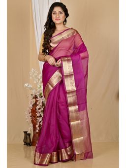 DipDiya - Women Sikto Purple Blended Cotton Bengali Saree with Unstitched Blouse