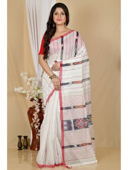DipDiya - Women Setori White Blended Cotton Bengali Saree with Unstitched Blouse