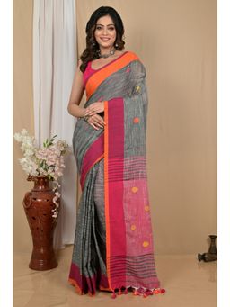 DipDiya - Women Achkol Grey Pure Cotton Bengali Saree with Unstitched Blouse