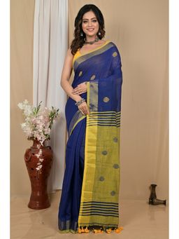 DipDiya - Women Achkol Navy Blue Pure Cotton Bengali Saree with Unstitched Blouse