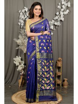 DipDiya - Women Dhrum Navy Blue Cotton Blend Bengali Saree with Unstitched Blouse