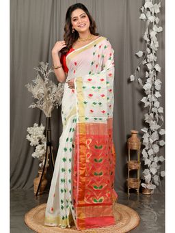 DipDiya - Women Dhrum White Cotton Blend Bengali Saree with Unstitched Blouse