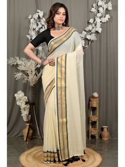 DipDiya - Women Sofeda Off White Cotton Bengali Handloom Saree without Blouse