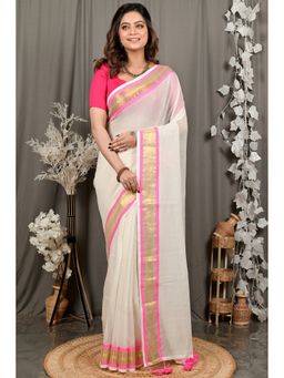DipDiya - Women Sofeda White Cotton Bengali Handloom Saree without Blouse