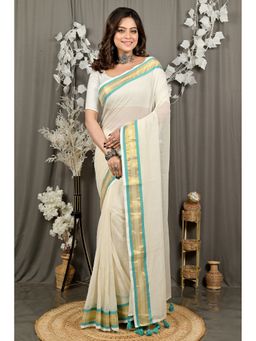 DipDiya - Women Sofeda Off White Cotton Bengali Handloom Saree without Blouse