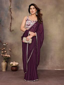 Odette - Women Wine Georgette Solid Saree with Unstitched Blouse