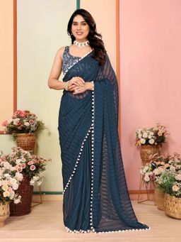 Odette - Women Blue Georgette Solid Saree with Unstitched Blouse