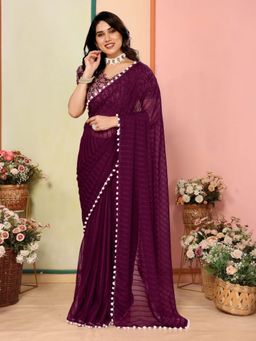 Odette - Women Wine Georgette Solid Saree with Unstitched Blouse
