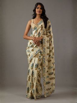 Odette - Women Off White Georgette Floral Saree with Unstitched Blouse