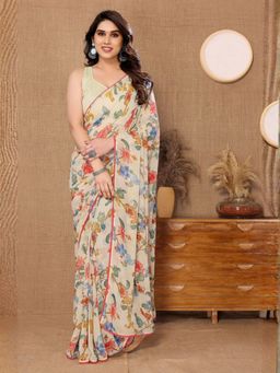 Odette - Women Off White Georgette Floral Saree with Unstitched Blouse