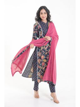 CHHAAP TILAK - Navy Blue Cotton Retro Floral Print Lace Yoke Kurta with Pant and Dupatta