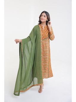 CHHAAP TILAK - Brown Cotton Abstract Floral Print Lace Yoke Kurta with Pant and Dupatta