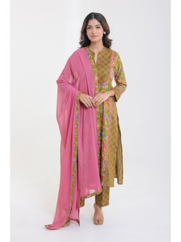 CHHAAP TILAK - Green Cotton Vintage Floral Motif with Lace Yoke Kurta with Pant and Dupatta