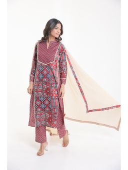 CHHAAP TILAK - Red Cotton Mandala Floral Motifs Lace Yoke Kurta with Pant and Dupatta