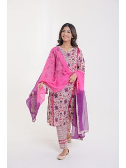 CHHAAP TILAK - Pink Cotton Floral Motifs Lace Detailed Kurta with Pant and Dupatta