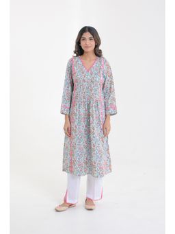 CHHAAP TILAK - Blue Cotton Ditsy Floral Motifs with Lace Yoke Kurta with Pant