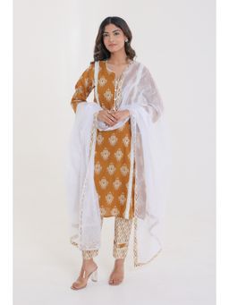 CHHAAP TILAK - Brown Cotton Ikat Print with Lace Shell Button Kurta with Pant and Dupatta