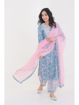 CHHAAP TILAK - Blue Motifs with Yoke Lace Gota Button Kurta with Afghani Salwar and Dupatta
