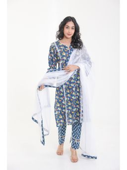 CHHAAP TILAK - Blue Cotton Daisy Floral Print Lace Shell Button Kurta with Pant and Dupatta