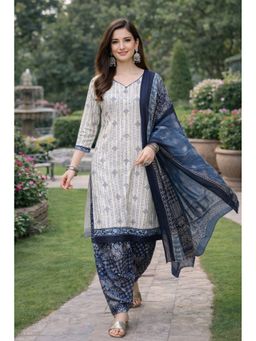 Rajnandini - White Cotton Blend Printed Ready To Wear Kurta with Salwar and Dupatta